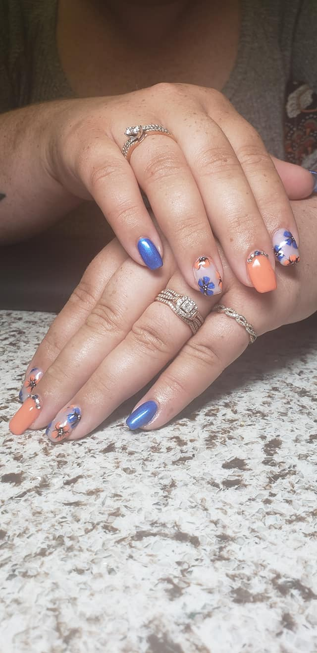 Blue and coral floral nails
